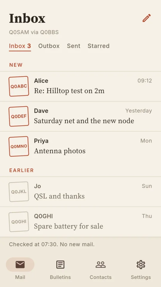 The Packet Mail inbox: three new messages with red callsign stamps, then two earlier ones, under the Inbox, Outbox, Sent and Starred tabs.