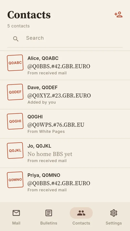 The contacts list: each station with its callsign stamp, name, home BBS and where the details came from.